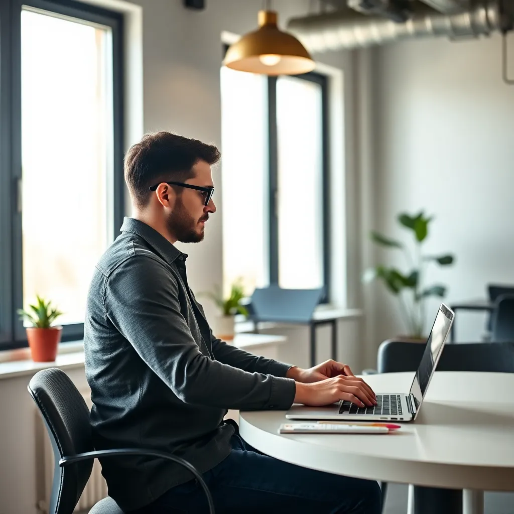 Freelancer die werkt op laptop in moderne werkruimte